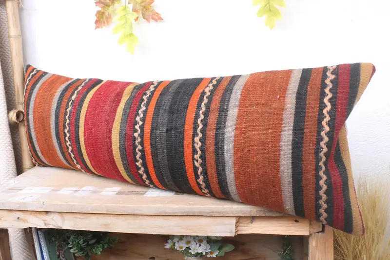 Turkish Kilim Pillow, Traditional Cushion Cover, Handmade Cushion Case, 12x36 Red Cushion, Ethnical Kilim Rug Pillow, Pillow for Couch, Pillow Sham - 4