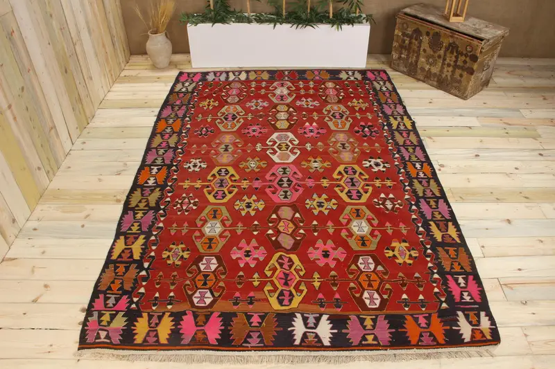 Handmade Red Rug, 0.5x9.2 ft Abstract Rainbow Design