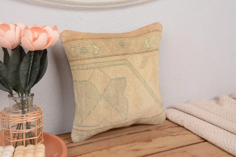 Braun besticktes Kissen, 12x12 handgemachtes Leinenkissen