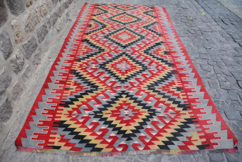 5.7x11.2 ft Vintage Large Rug, Red Blue Turkish Patchwork Wool Rug - 1