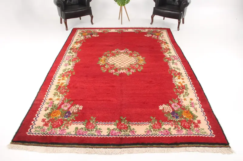 Vintage Turkish Oushak Oversize Rug 7.3x11 ft, Red Floral Rug Wool - 1