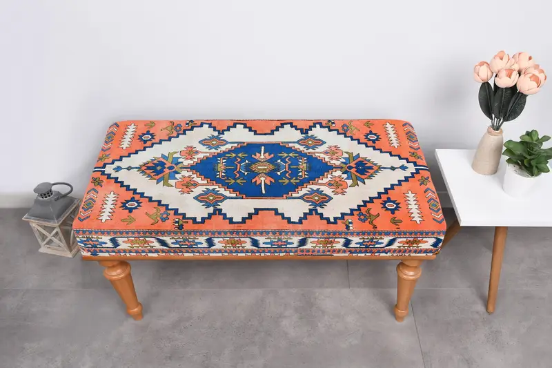 コースタル ブルー & オレンジ オットマン、キリム風のモジュール式オットマン