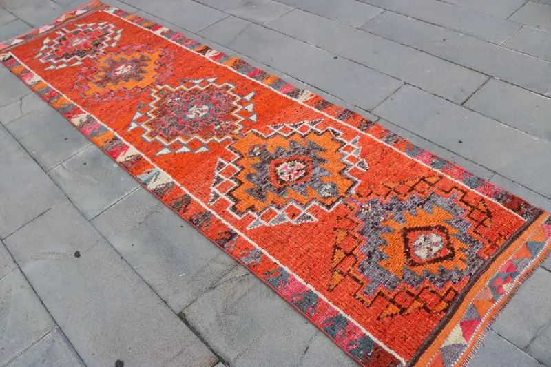 2.8x10.7 ft Halı, Vintage Türk Yolluk Halısı, Kırmızı Herki Yün Halı - 1
