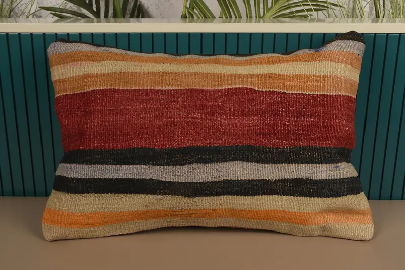 Vintage Striped Cushion Case, Red Seasonal Decor Moroccan 16x24 inch Pillow Case - 1