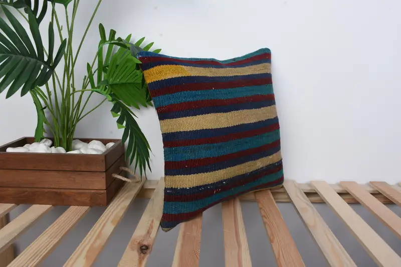 Kilim Pillow, Boho Pillow, Kilim Pillow Cover, Pillow, Morroccon Kilim Cushion Pillow Case, 16x16 Blue Cushion, Living Room Throw Pillow Case - 4