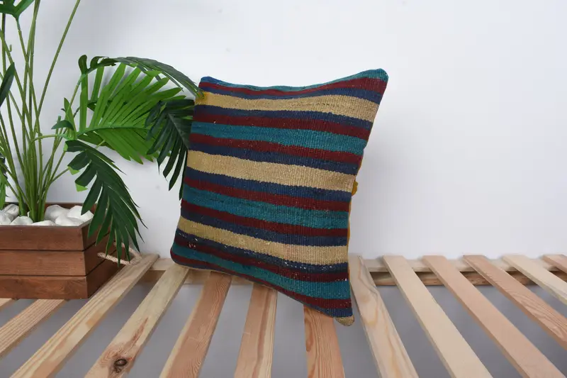 Kilim Pillow, Boho Pillow, Kilim Pillow Cover, Pillow, Morroccon Kilim Cushion Pillow Case, 16x16 Blue Cushion, Living Room Throw Pillow Case - 5