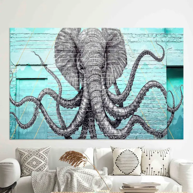 モダンなタコと象のグラフィティ キャンバス プリント - 抽象的なシュルレアリスム