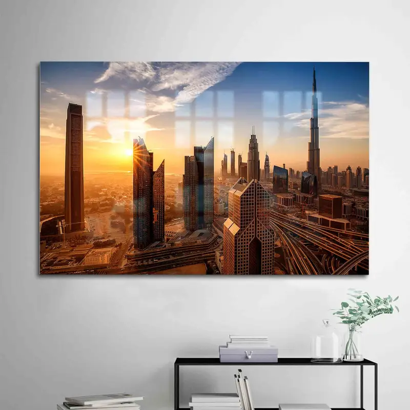 Vidrio impreso elegante: horizonte de Dubái y puesta de sol en Burj Khalifa