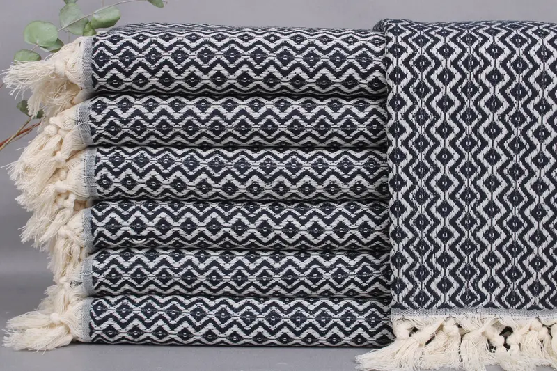 Coffee Tea Towel Embroidered Dish Towel Navy Diamond, Beige, 18x36 Inches