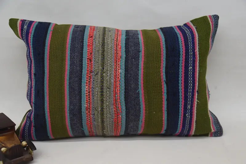 Blau & Rosa gestreiftes Kissen, 16x24 handgemachtes Kissen