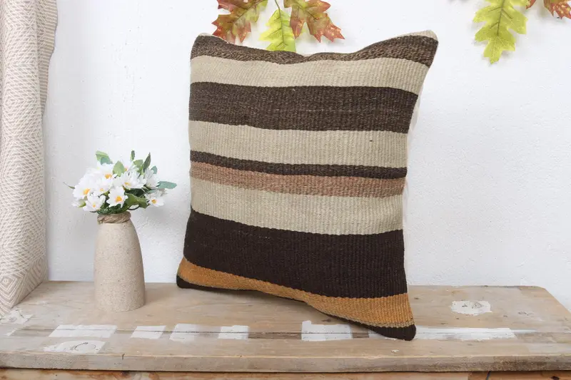 Antique Pillows, Kilim Pillow, 16x16 Beige Pillow Case, Turkish Kilim Pillow, Designer Throw Pillow Cover, Handwoven Pillow Sham, Cushion Case - 4