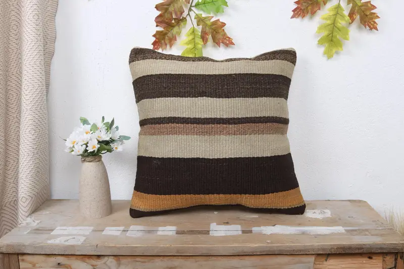 Antique Pillows, Kilim Pillow, 16x16 Beige Pillow Case, Turkish Kilim Pillow, Designer Throw Pillow Cover, Handwoven Pillow Sham, Cushion Case - 1