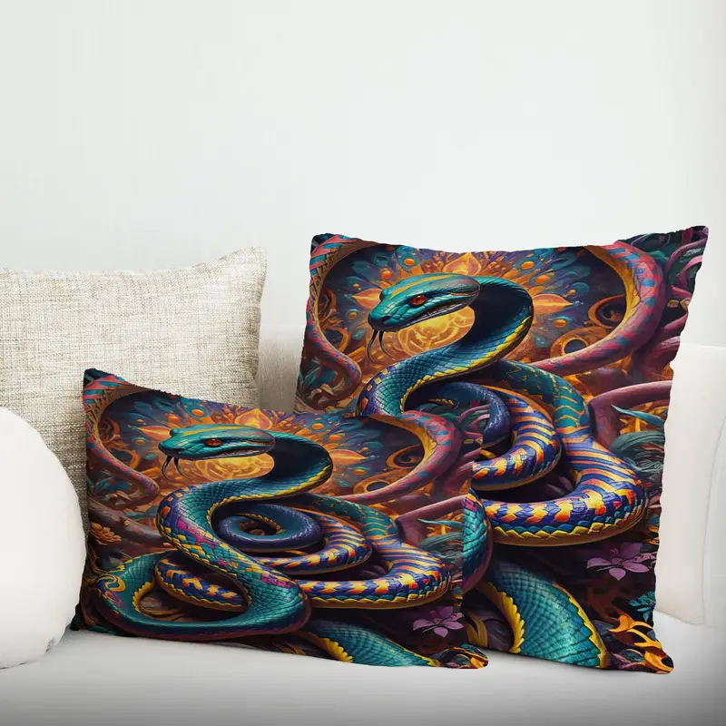 Gerçeküstü Yılan Tasarımlı Baskılı Yastık: Mavi Yılan Gerçeküstücülük Vurgusu