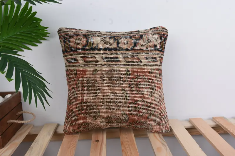 Boho Pillow Sham Cover, Tribal Pillow Case, Bolster Throw Cushion Case, Pillow Sham, Vintage Kilim Pillow, Pillow for Sofa, 14x14 Red Pillow - 1