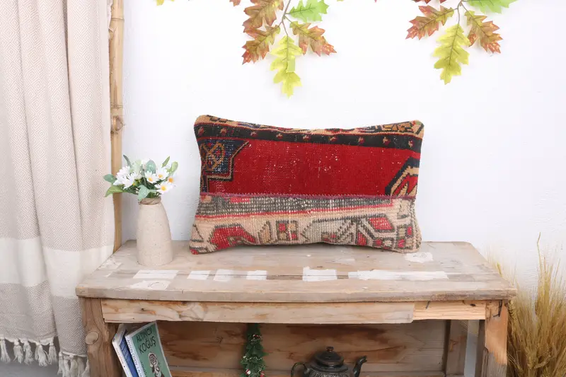 Pillow, 12x20 Red Cushion Cover, Turkish Kilim Pillow, Kilim Pillow, Bench Cushion Case, Pattern Throw Pillow, Pillow for Sofa, Couch Cushion Cover - 1