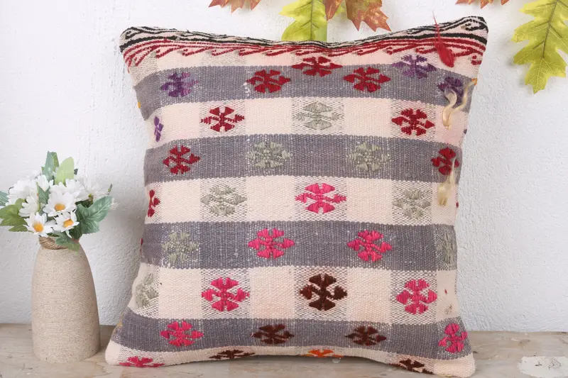 Pillow, 16x16 White Pillow Sham, Outdoor Cushion, Kilim Pillow Cover, Patio Cushion Cover, Vintage Pillow, Handmade Kilim Cushion - 2