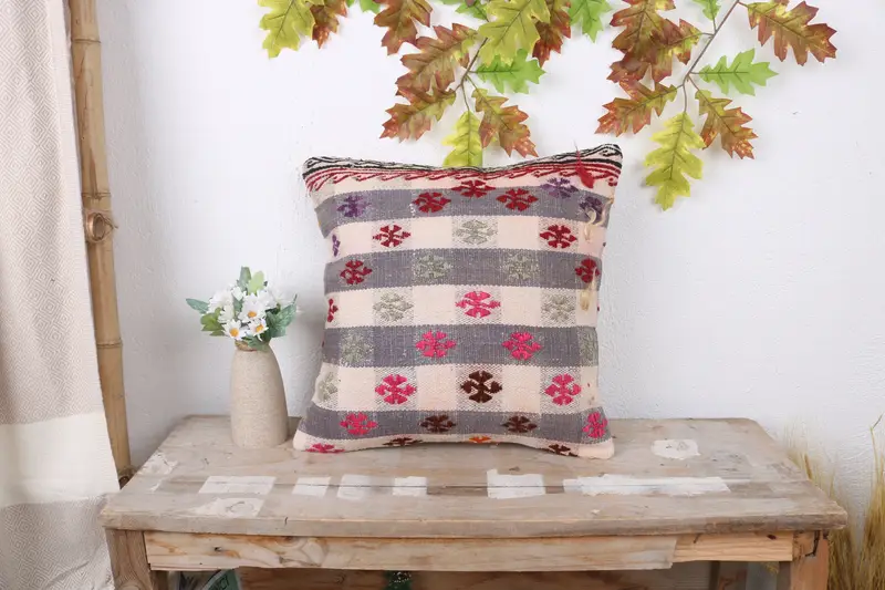 Pillow, 16x16 White Pillow Sham, Outdoor Cushion, Kilim Pillow Cover, Patio Cushion Cover, Vintage Pillow, Handmade Kilim Cushion - 1