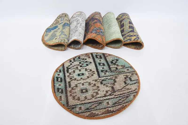 Blaue und orange Kreis-Tischsets, einzigartige türkische Teppichuntersetzer