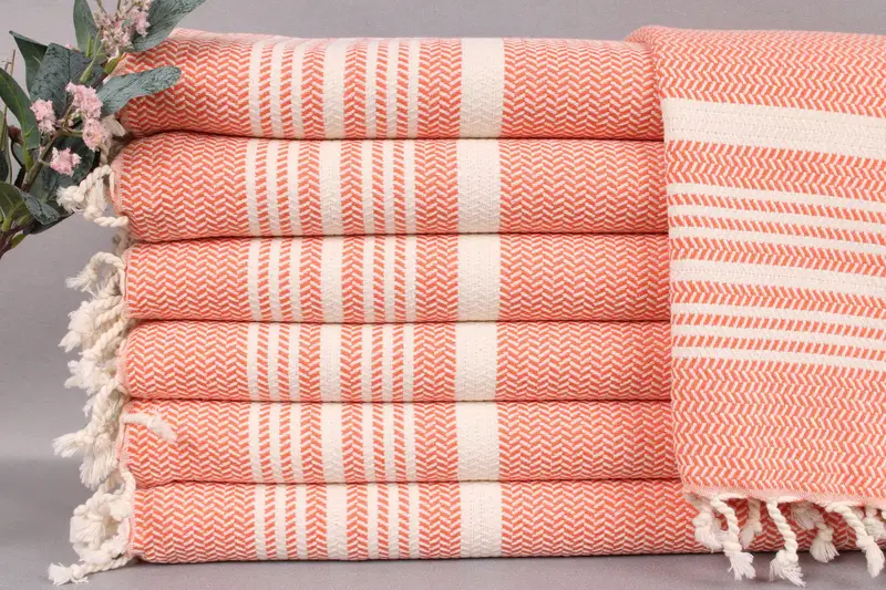 Bathroom Hand Towel Orange Striped Turkish Cotton, Beige, 18x40 Inches