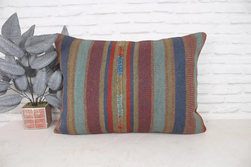 Toss Pillow Sham, Throw Kilim Pillow, Accent Cushion, 20x28 Blue Cushion Cover, Ethnical Kilim Rug Pillow, Antique Pillows, Pillow Sham - 1