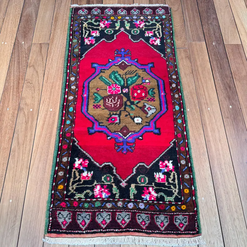 Turkish Small Rug 1.9x3.9 ft (57x119 cm), Oushak Red Oriental Vintage Rug - 1