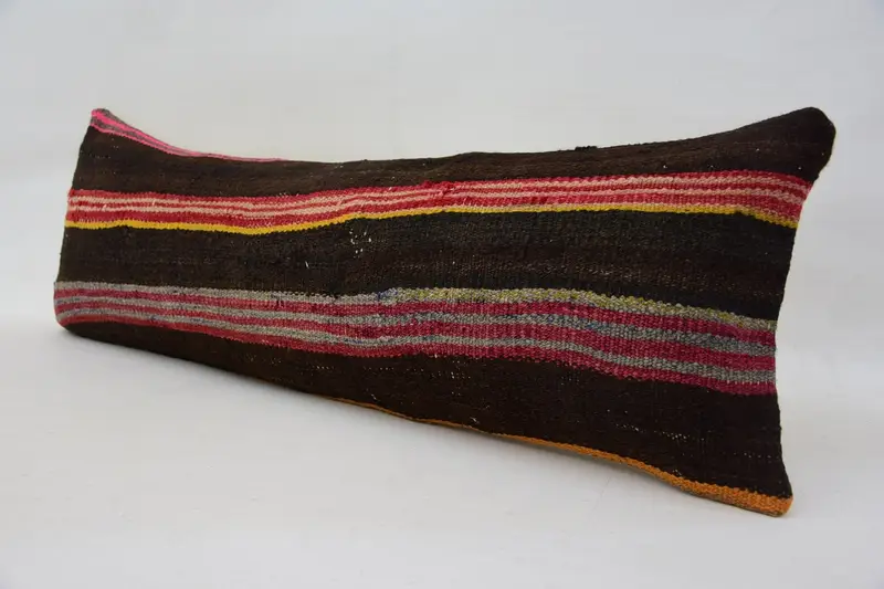 Vintage Kilim Pillow, Kilim Pillow, Turkish Pillow, Sustainable Cushion, Outdoor Bolster Pillow Case, Pillow Case, 12x36 Brown Pillow Case - 6