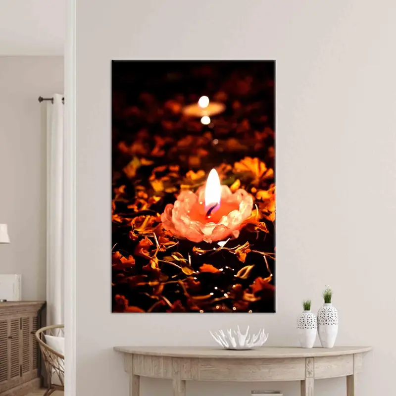 Elegant Canvas Print: Lighted Candles Amidst Brown Leaves