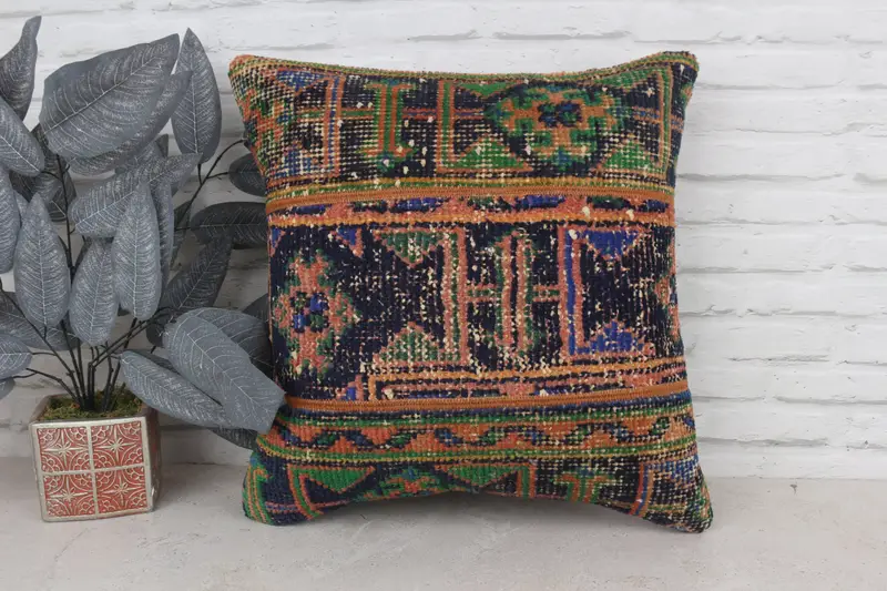 Boho Pillow, Cushion, Indoor Cushion Case, Accent Pillow Cover, Throw Kilim Pillow, Christmas Cushion, 20x20 Blue Pillow Cover, Kilim Cushion Sham - 1