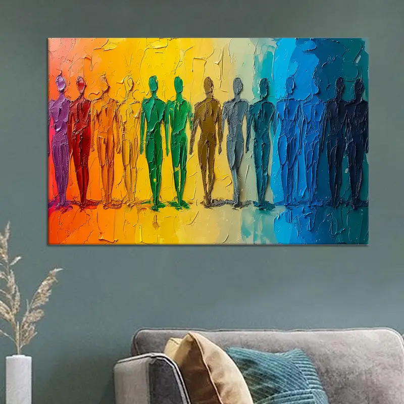 Lebhafte abstrakte Leinwand: Bunter Regenbogen und abstrakte Menschen