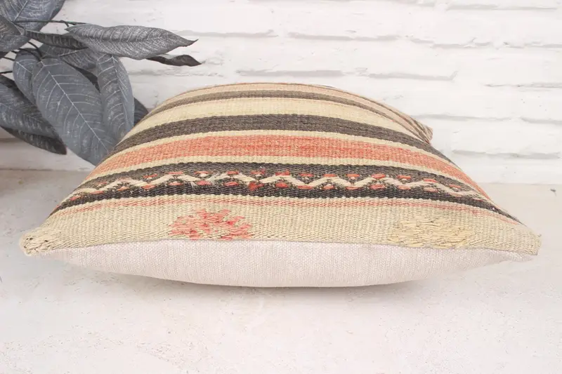Boho Pillow, Ethnical Kilim Rug Pillow, Sofa Pillow, Antique Pillows, Pillow Sham, Turkish Rugs Pillow Sham, 16x16 Beige Pillow Cover - 5