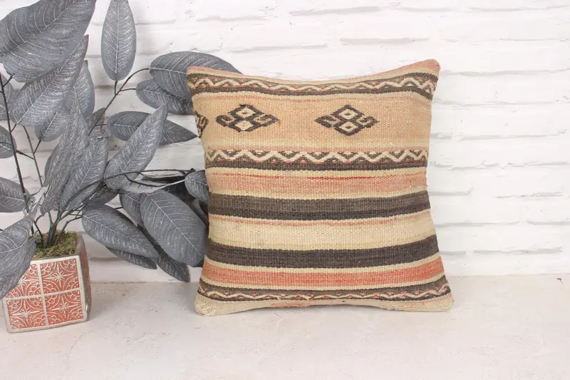 Boho Pillow, Ethnical Kilim Rug Pillow, Sofa Pillow, Antique Pillows, Pillow Sham, Turkish Rugs Pillow Sham, 16x16 Beige Pillow Cover - 1