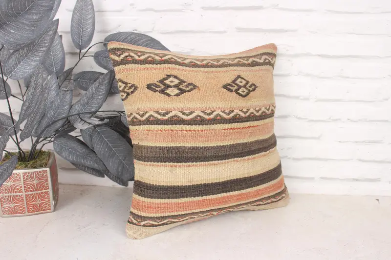 Boho Pillow, Ethnical Kilim Rug Pillow, Sofa Pillow, Antique Pillows, Pillow Sham, Turkish Rugs Pillow Sham, 16x16 Beige Pillow Cover - 3