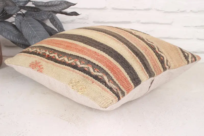 Boho Pillow, Ethnical Kilim Rug Pillow, Sofa Pillow, Antique Pillows, Pillow Sham, Turkish Rugs Pillow Sham, 16x16 Beige Pillow Cover - 6