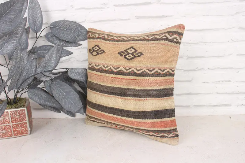 Boho Pillow, Ethnical Kilim Rug Pillow, Sofa Pillow, Antique Pillows, Pillow Sham, Turkish Rugs Pillow Sham, 16x16 Beige Pillow Cover - 4