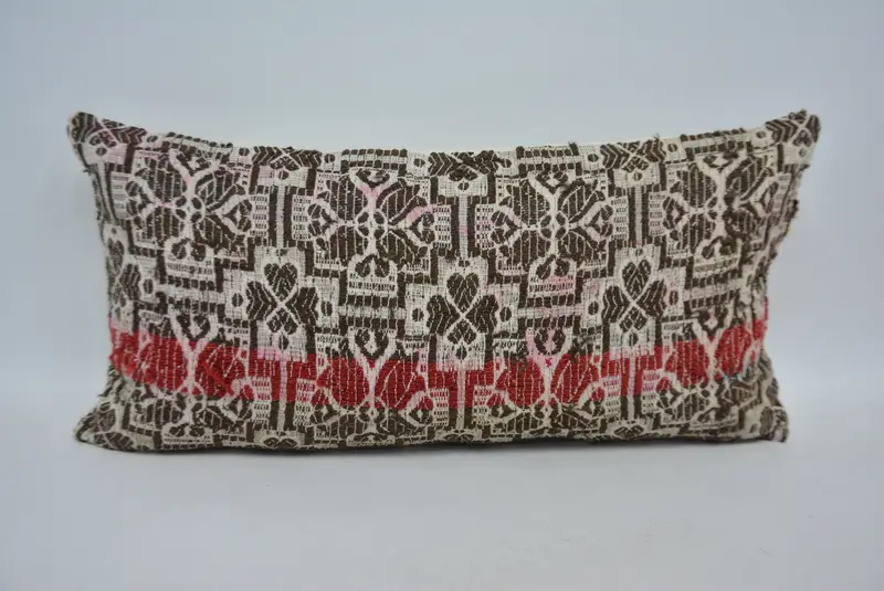 Brown & Red Embroidered Pillow, 12x24 Inches Decorative Pillow - 1