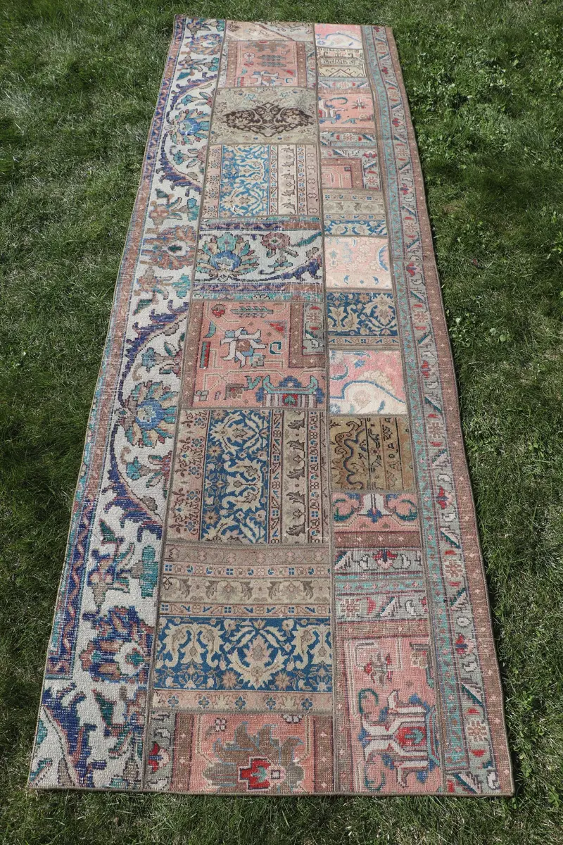 ブルー 2.9x8.8 フィート ラグ、無地パターン、オレンジのアクセント