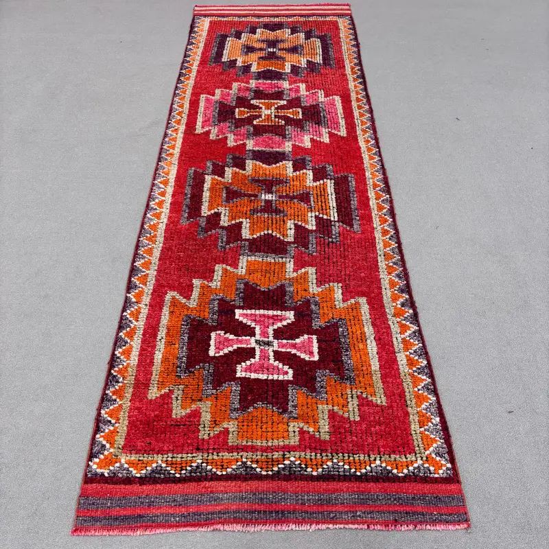 Vintage 3.1x10.3 ft Rug, Herki Turkish Rug, Red Animal Print Wool Rug - 1