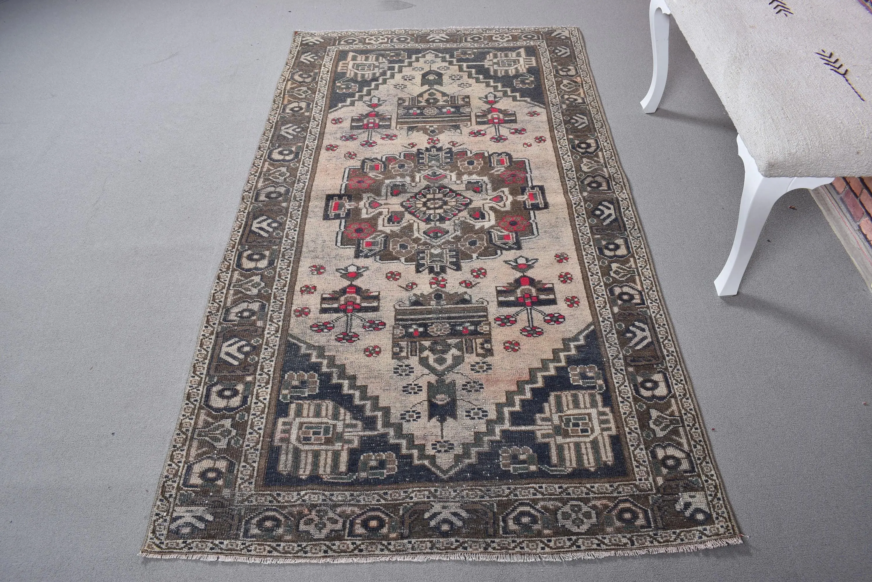 Vintage Area Rug 3.7x6.7 ft (113x204 cm), Turkish Brown Southwestern Rug - 1