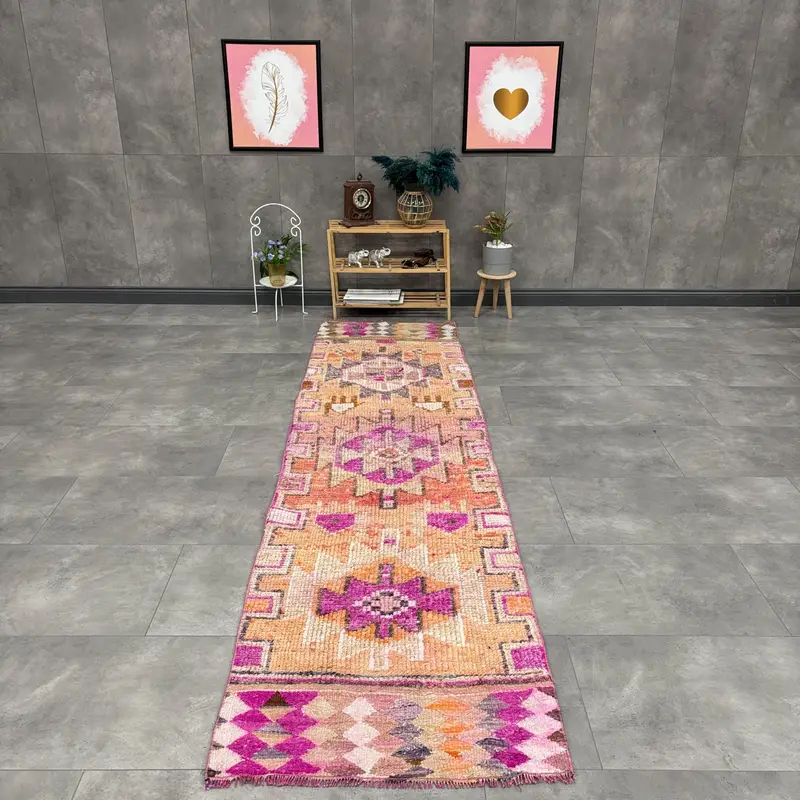 2.5x9.7 ft Rug, Turkish Vintage Rug, Herki Pink Paisley Rug - 1