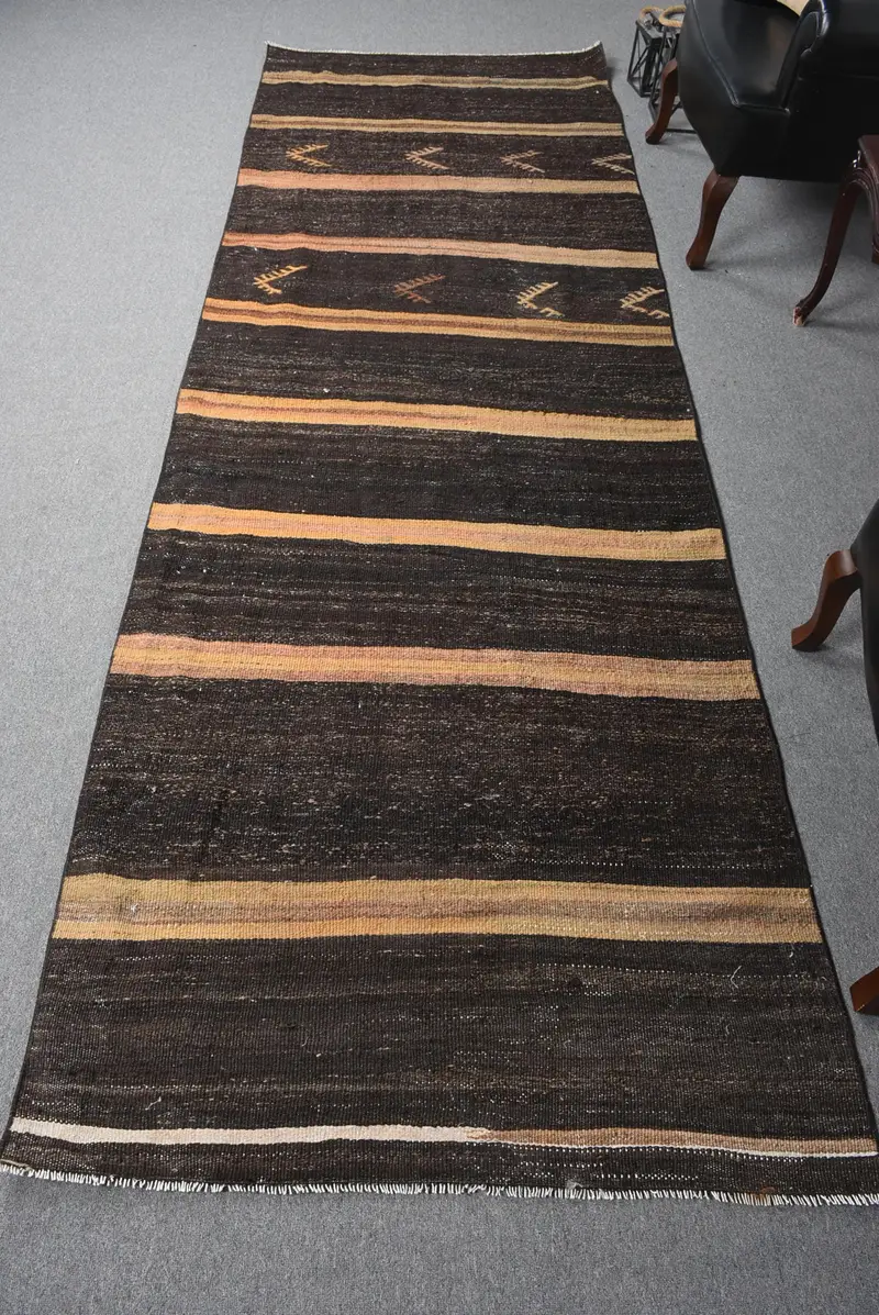 3.8x11.3 ft Türk Halısı, Runner Vintage Halı, Siyah İkat Halı - 1