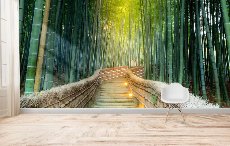 Zarif Kyoto Bambu Ormanı Baskılı Duvar Kağıdı: Doğanın Huzuru