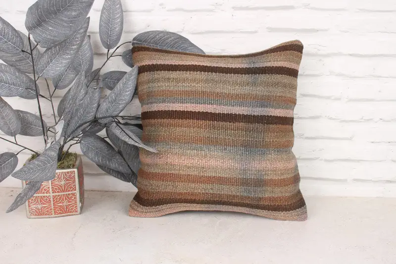 Turkish Kilim Pillow, Turkish Pillow, 16x16 Brown Pillow Cover, Office Chair Pillow Sham, Pillow Sham, Pillow for Couch - 1
