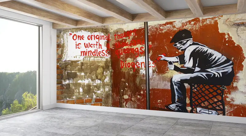 Custom Wall Paper,3d Wall Paper,Wall Paper Peel and Stick,Banksy One Original Thought,Graffiti Mural,Street Mural, - 3