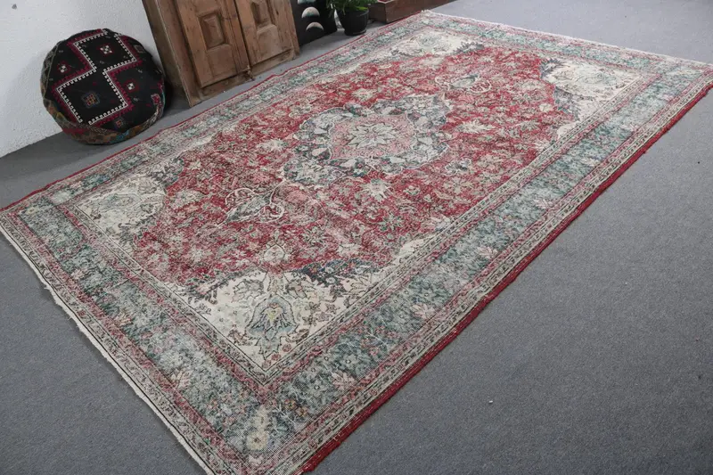 7.1x10.4 ft Vintage Türk Halısı, Büyük Boy Halı, Kırmızı Oushak Soyut Halı - 1