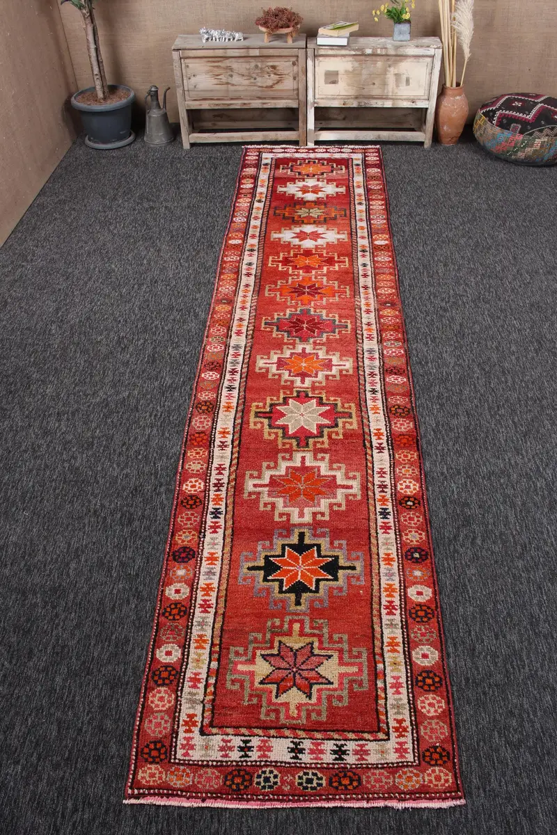 2,8x13 ft Vintage Läuferteppich, türkischer roter Südwestteppich - 1