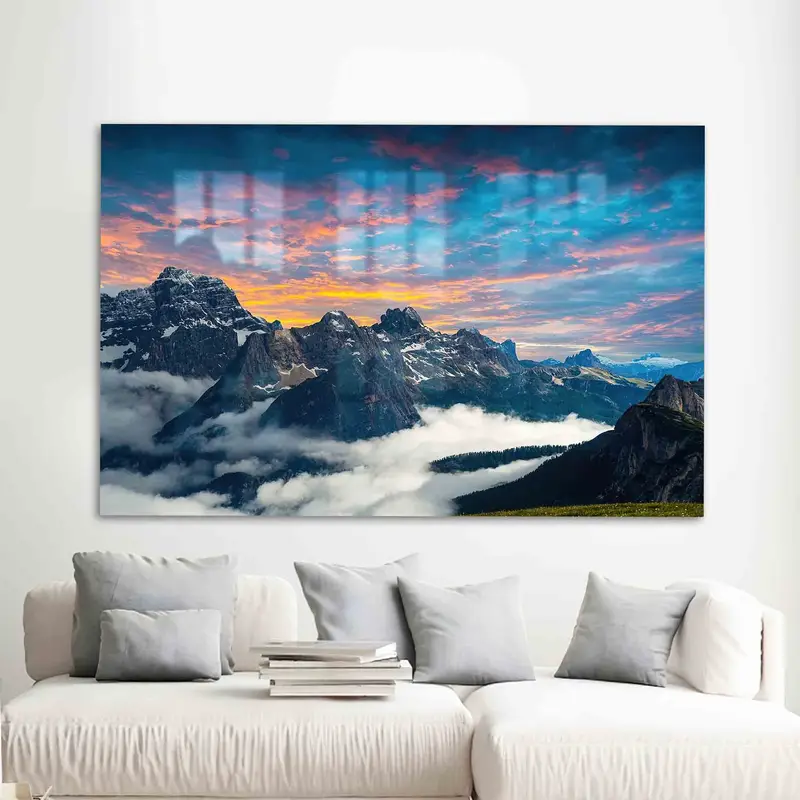 エレガントなプリントガラス：ドロミテアルプスの夕日の風景