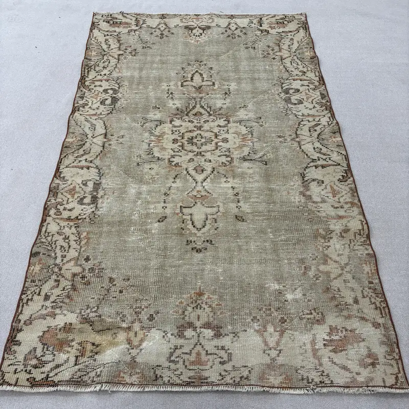 Turkish Rug, 4.7x7.7 ft Vintage Rug, Brown Gray Polka dot Wool Rug - 1