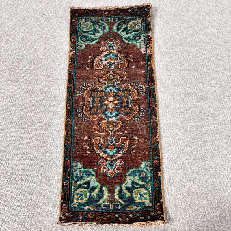 Turkish Vintage Rug 1.3x3.3 ft (40x100 cm), Oushak Brown Camouflage Rug - 1