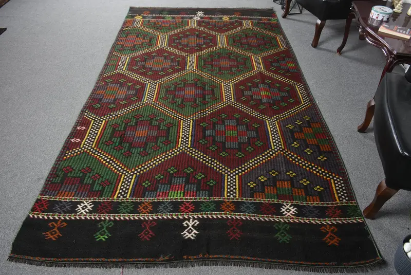 グリーン、パープル サウスウェスタン ラグ、5.3x9.7 フィート シックな装飾