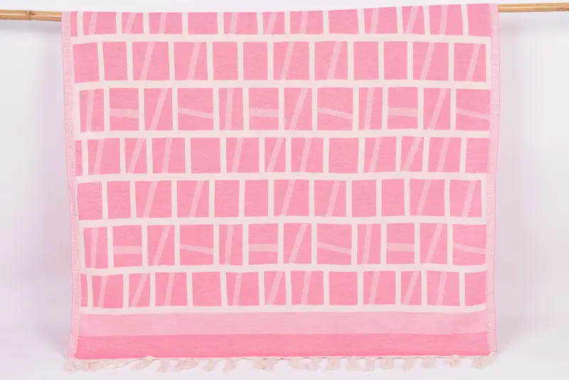 Beach Towel Pink Patterned Turkish Cotton, 69x34 Inches